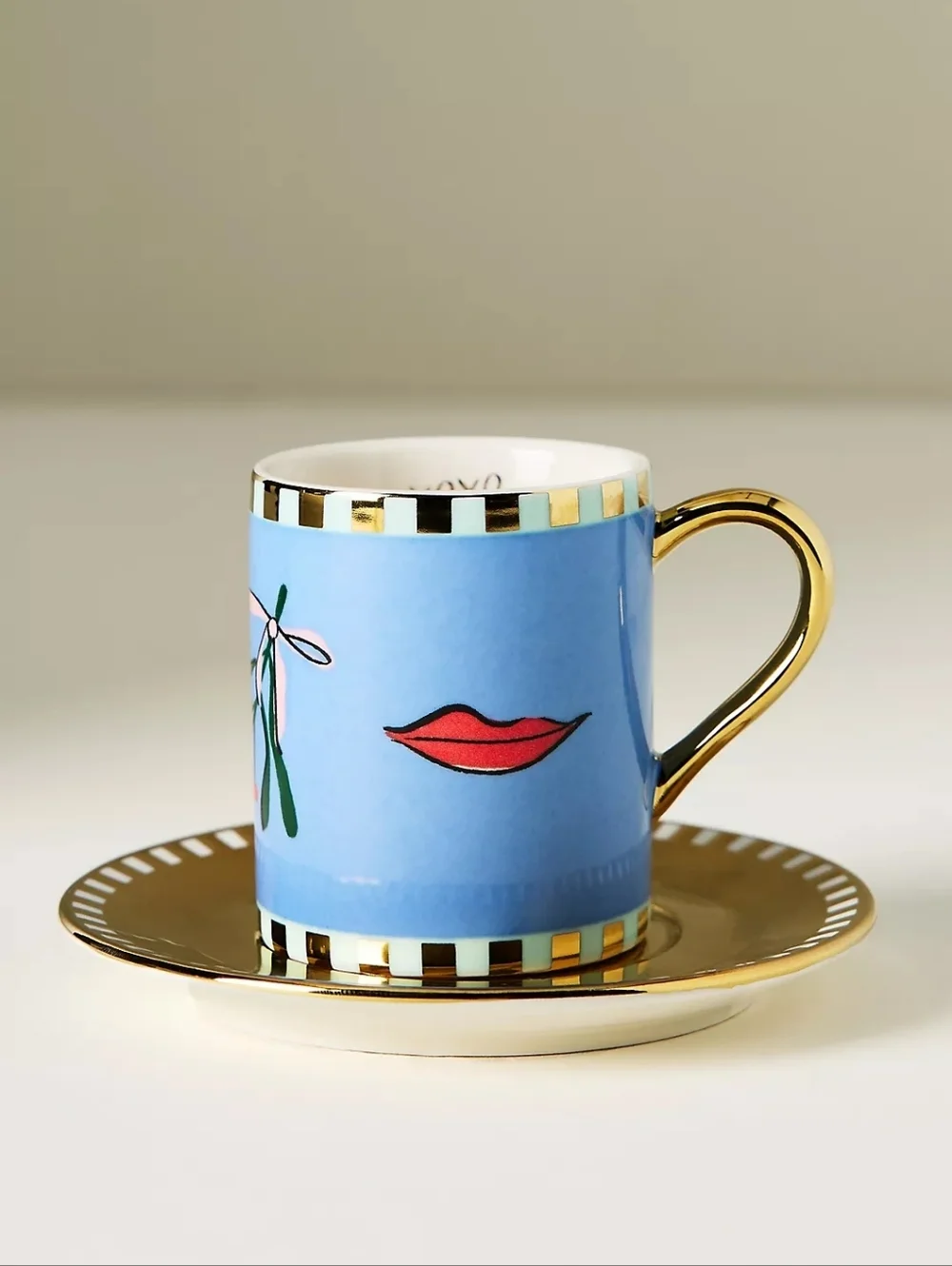 Anthropologie Caroline Stoneware Holiday Espresso Cup & Saucer in Blue, NIB